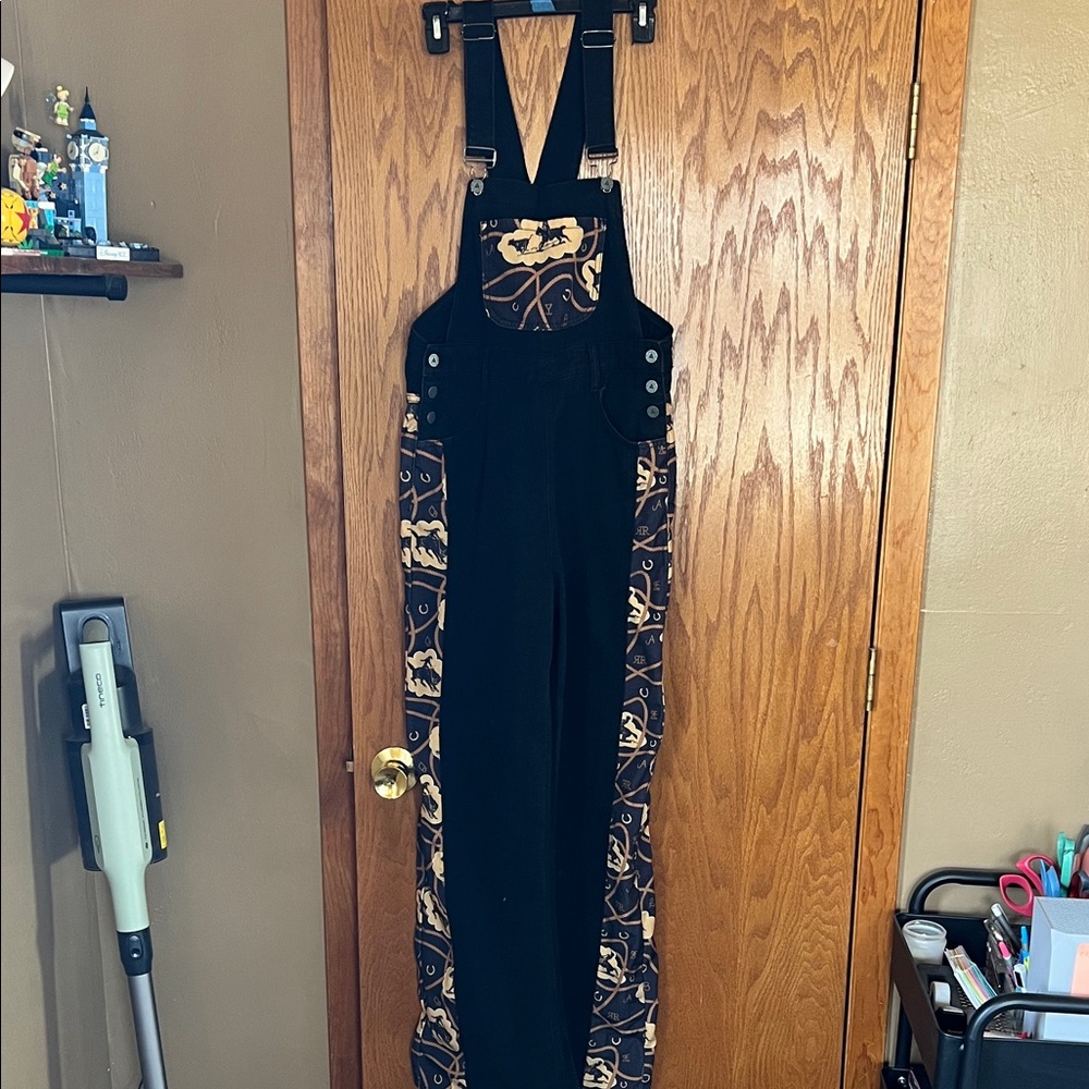 Black Overalls with Brown Graphic Side Panels